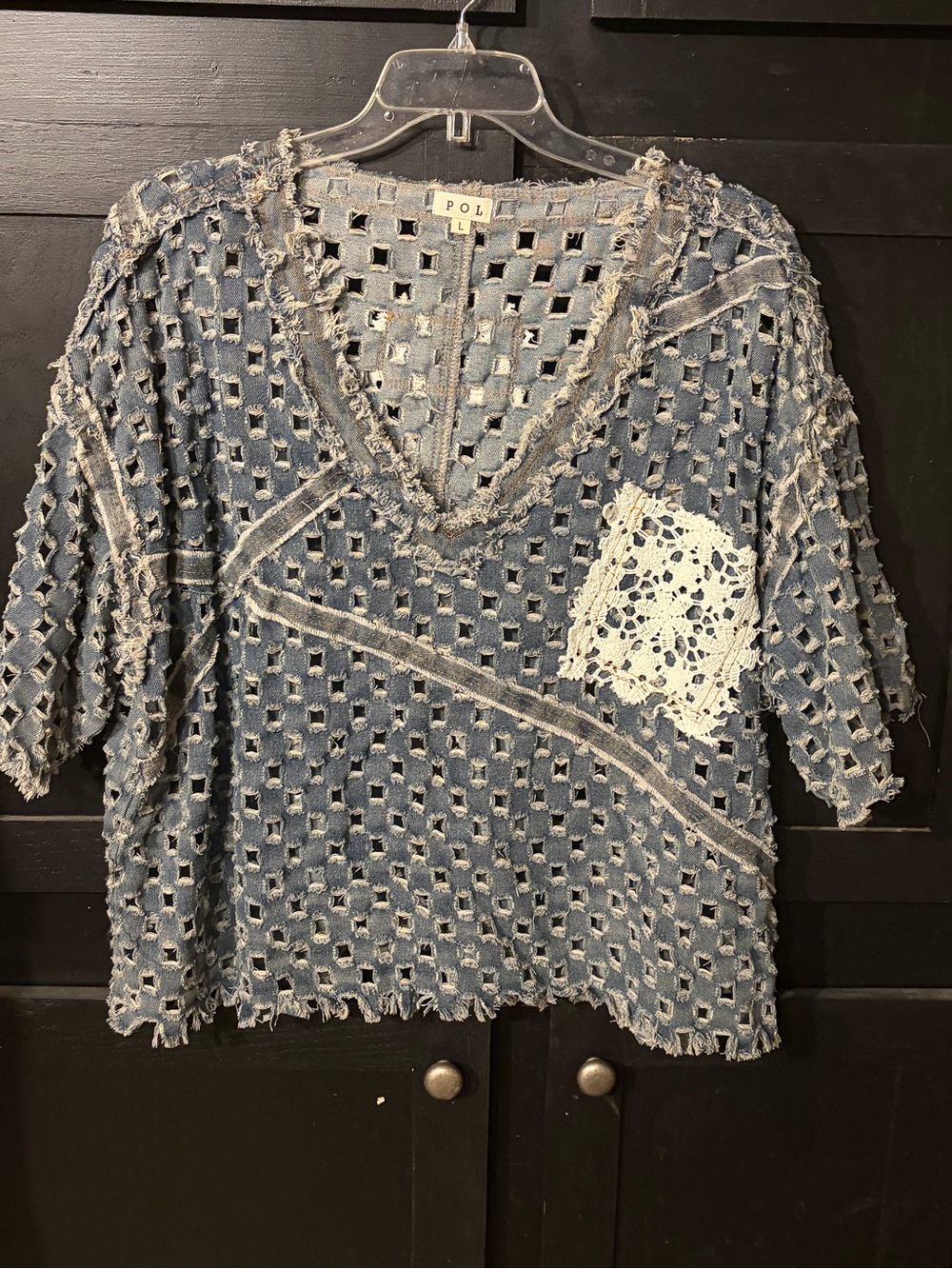 POL Denim Blue Openwork Distressed Crochet Pocket Top NWOT